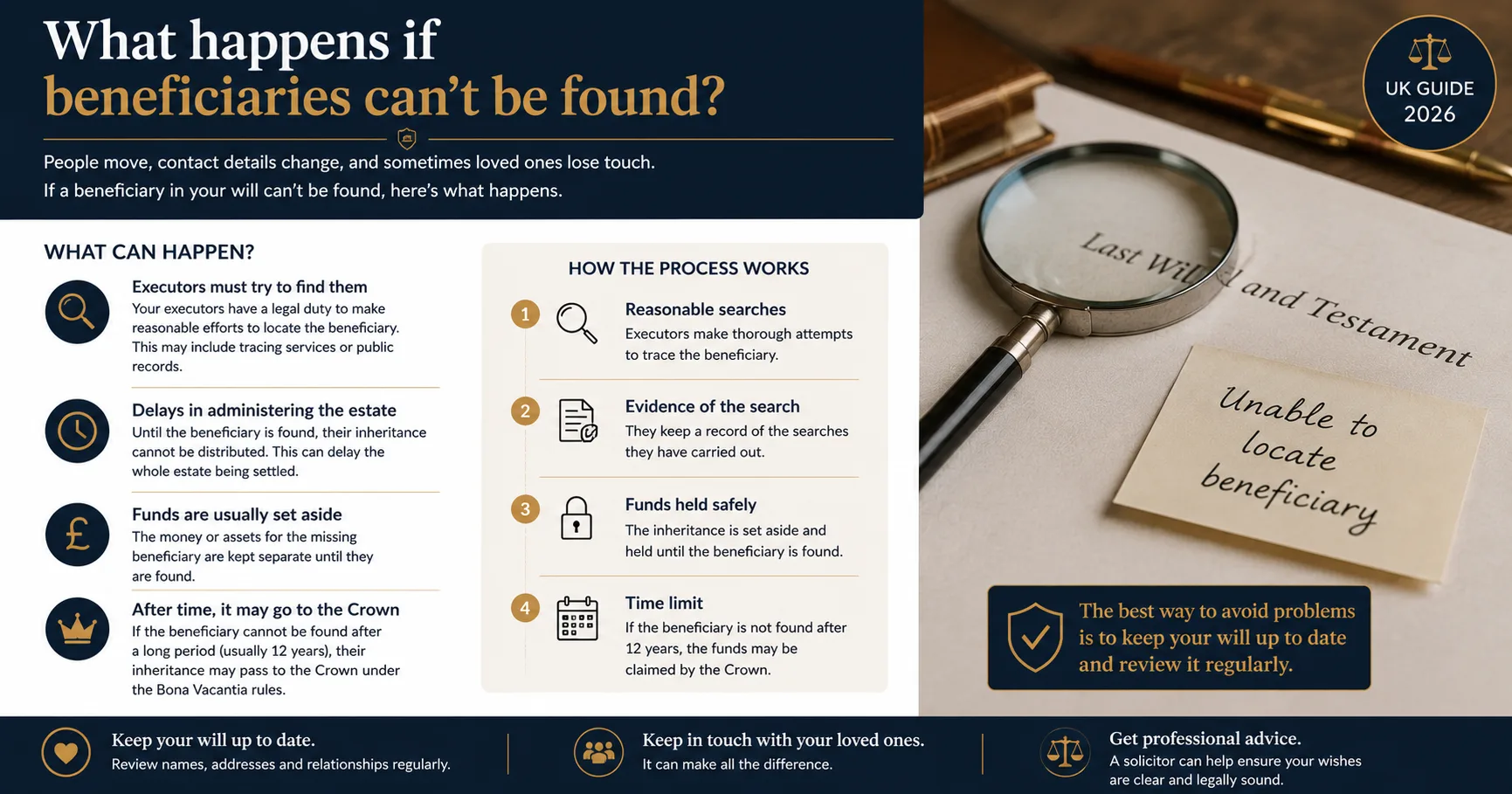 What happens if beneficiaries can't be found?